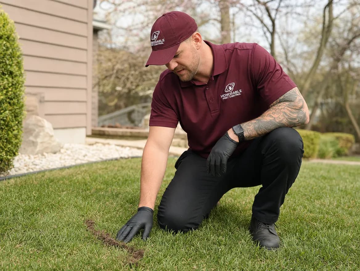 Honorable Pest Control technician pressing down a short section of a raised mole runway to test whether it is active