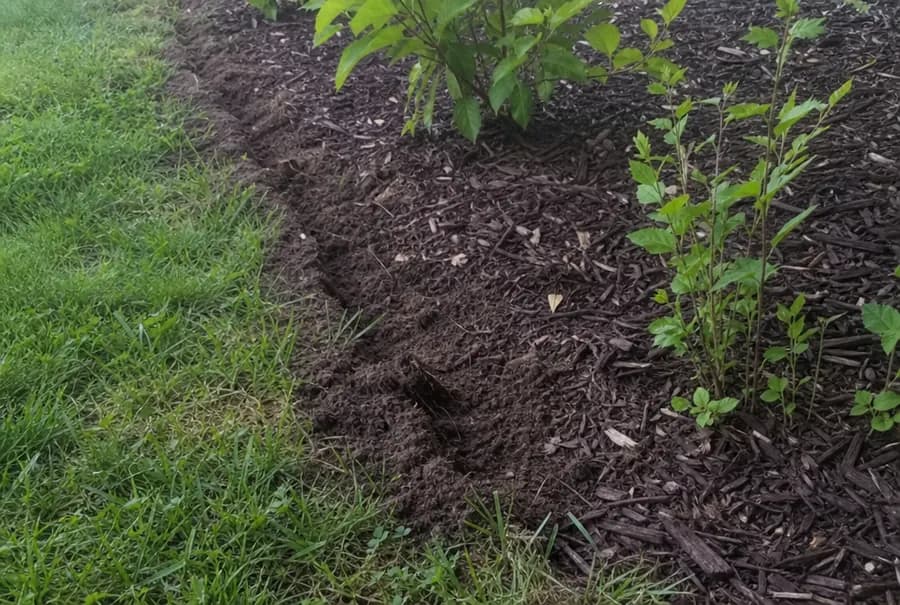 A short raised ridge running from the lawn into a mulched flower bed