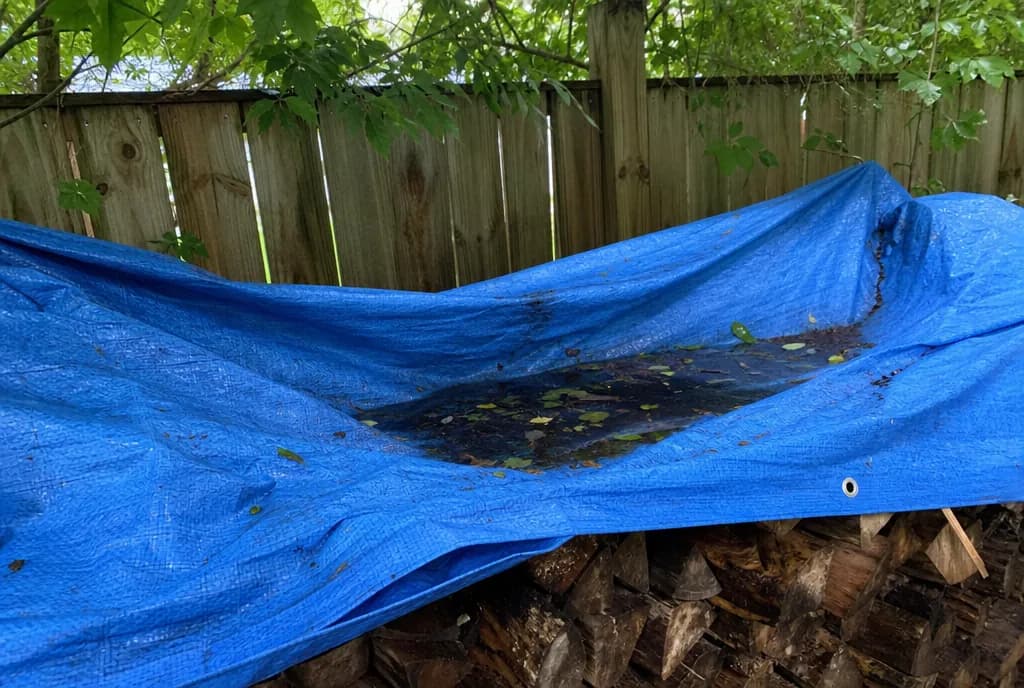 Blue tarp over firewood sagging and holding a puddle of rainwater and leaves