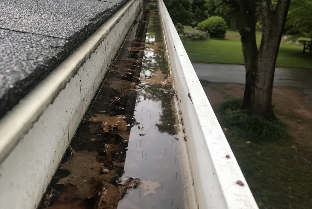 Clogged house gutter holding still rainwater and wet leaves
