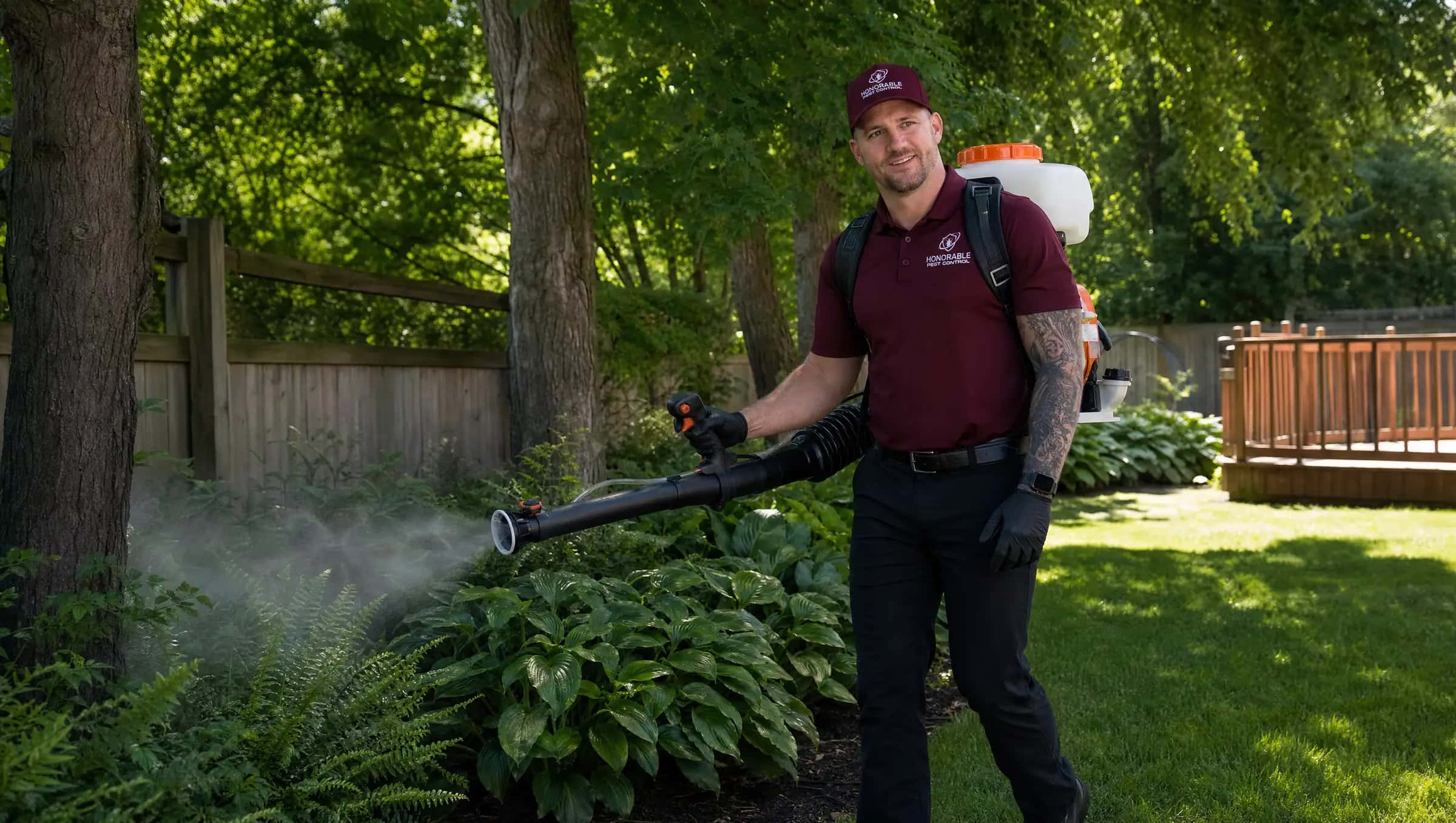 Honorable Pest Control technician in a burgundy uniform and black gloves using a backpack mist blower on shaded shrubs along a Michigan backyard fence