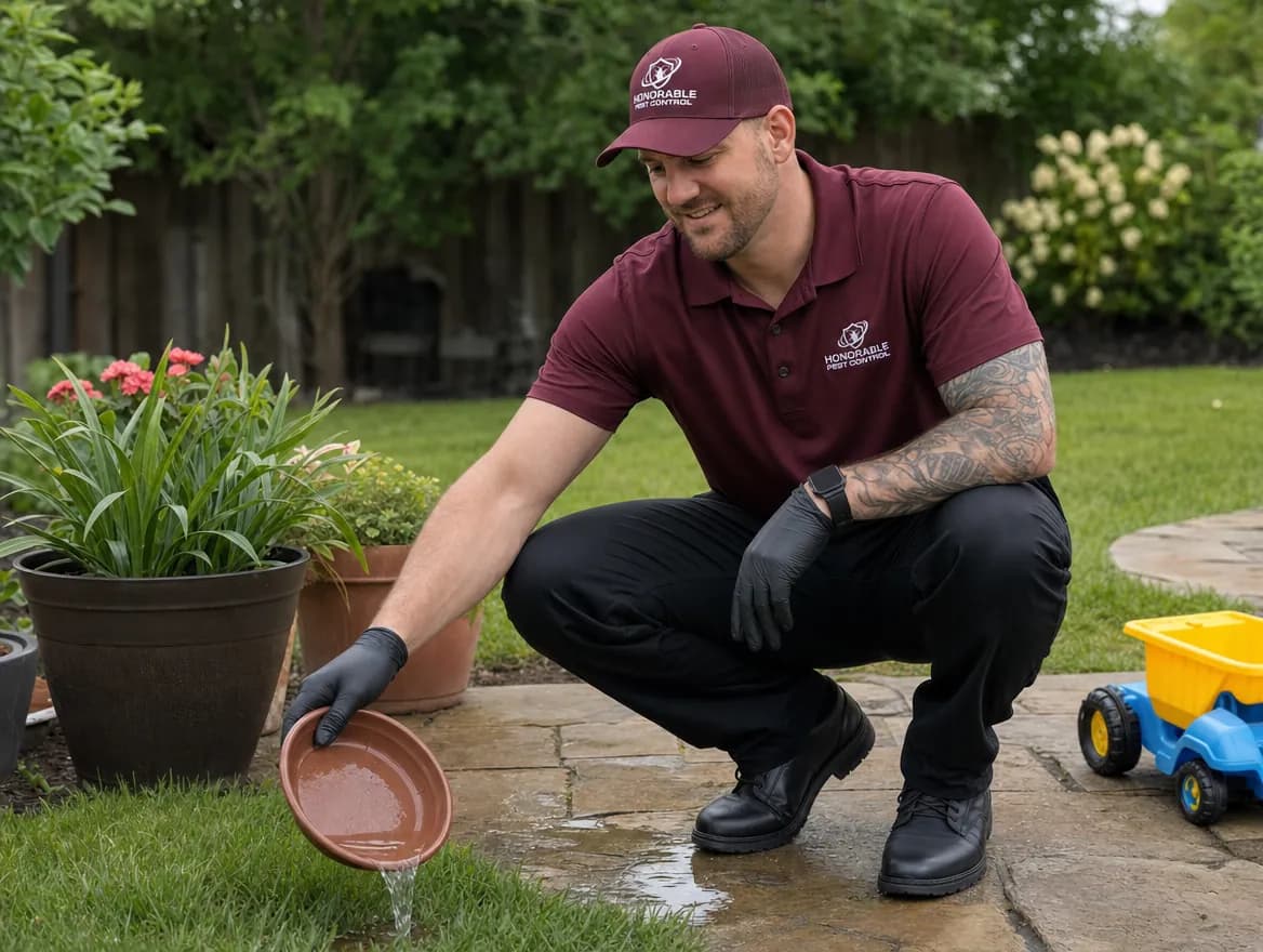 Honorable Pest Control technician tipping standing rainwater out of a flower pot saucer on a backyard patio, where mosquitoes breed