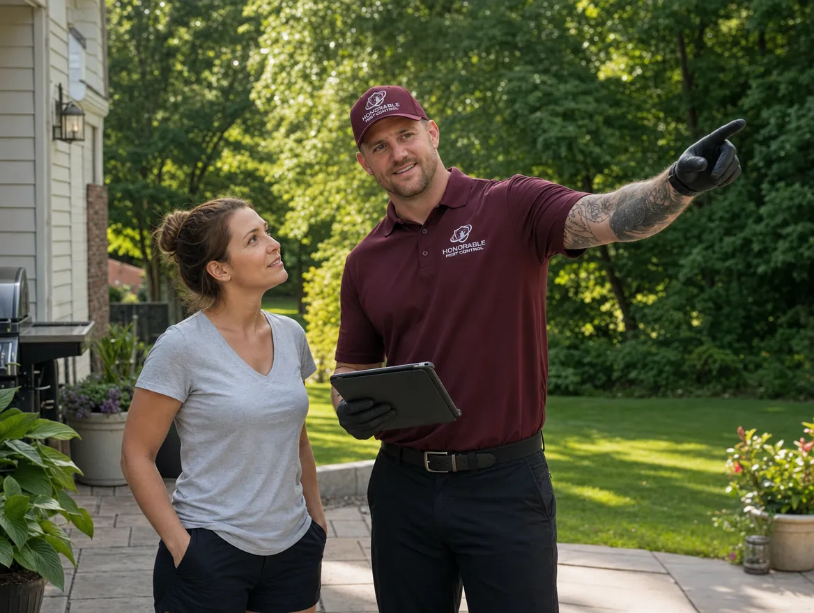 Honorable Pest Control technician with a tablet going over the mosquito treatment schedule with a homeowner on her back patio