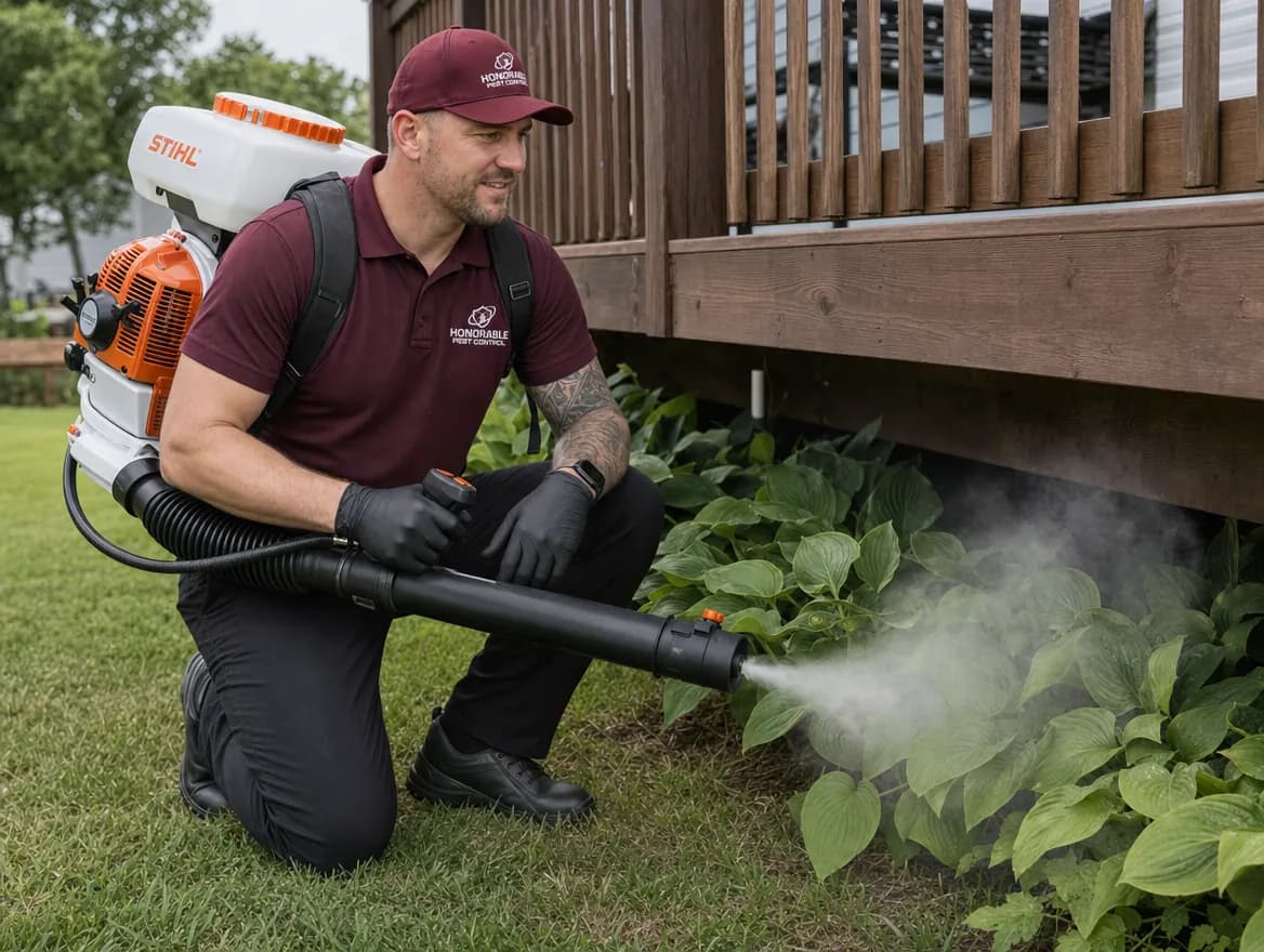 Honorable Pest Control technician with a backpack mist blower treating the shaded space under a deck and the hostas beside it, where adult mosquitoes rest
