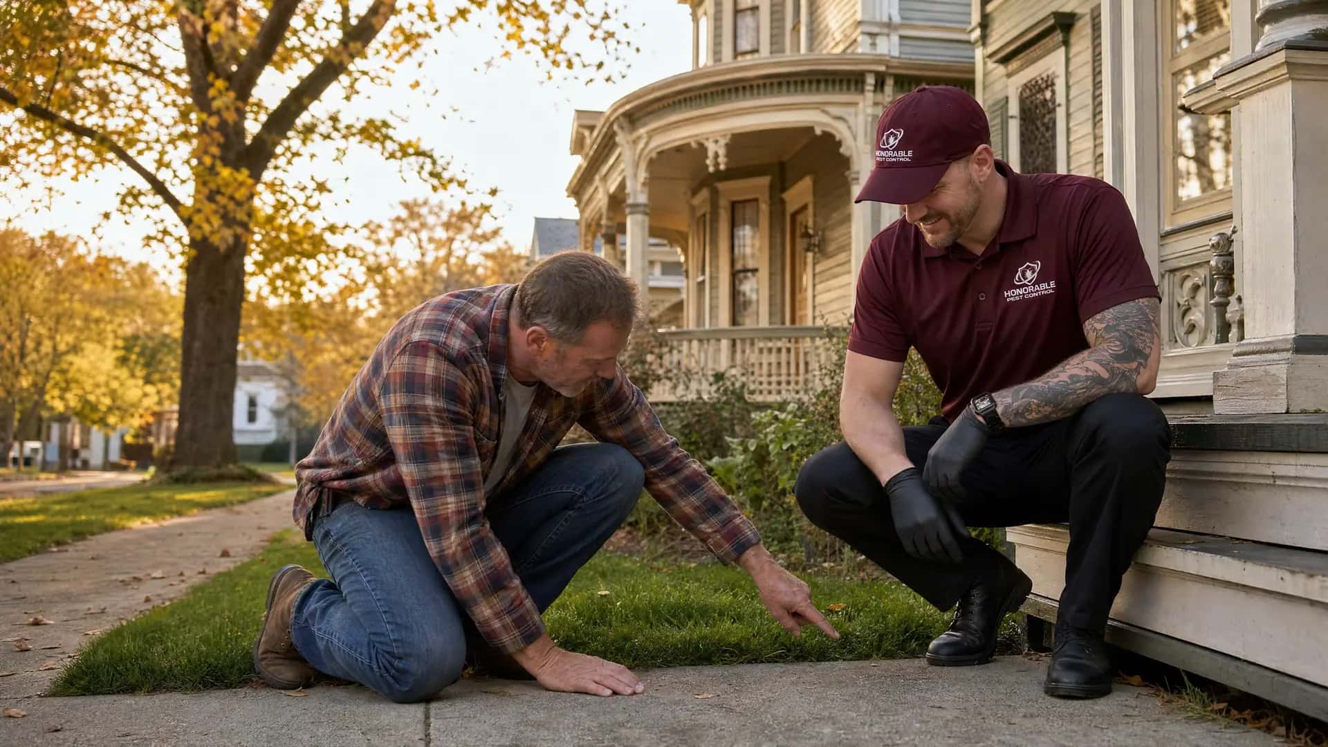 Honorable Pest Control technician showing a homeowner a gap by the front steps of a Victorian home in Northville, MI