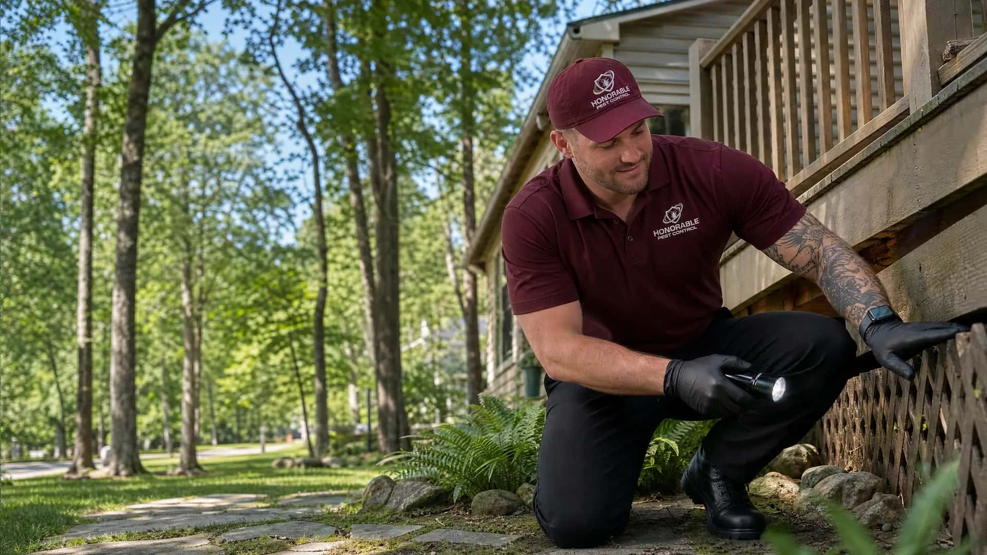 Honorable Pest Control technician checking under the deck of a wooded home in Pinckney, MI