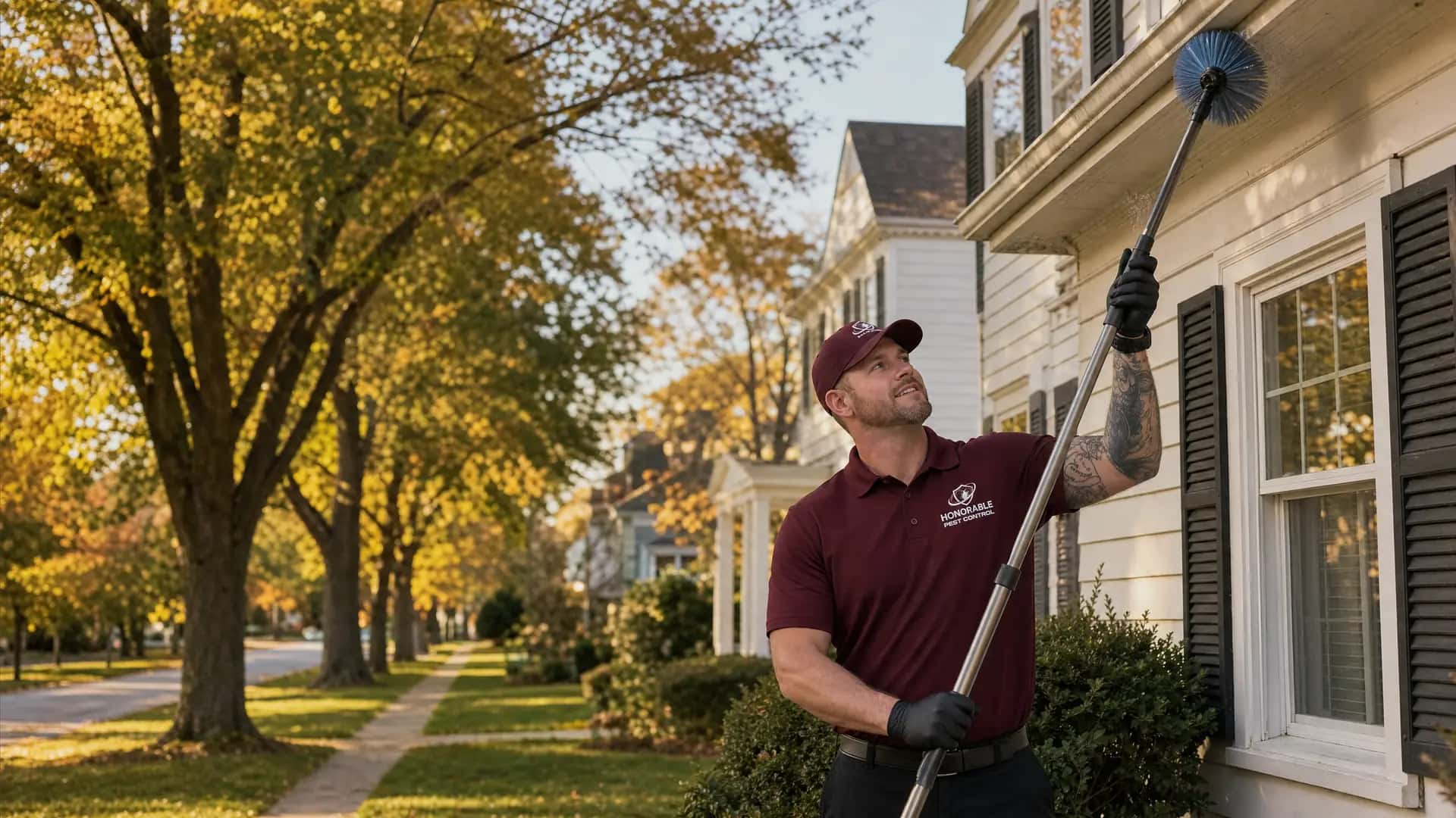 Honorable Pest Control technician sweeping spider webs off the eaves of a colonial home in Plymouth, MI