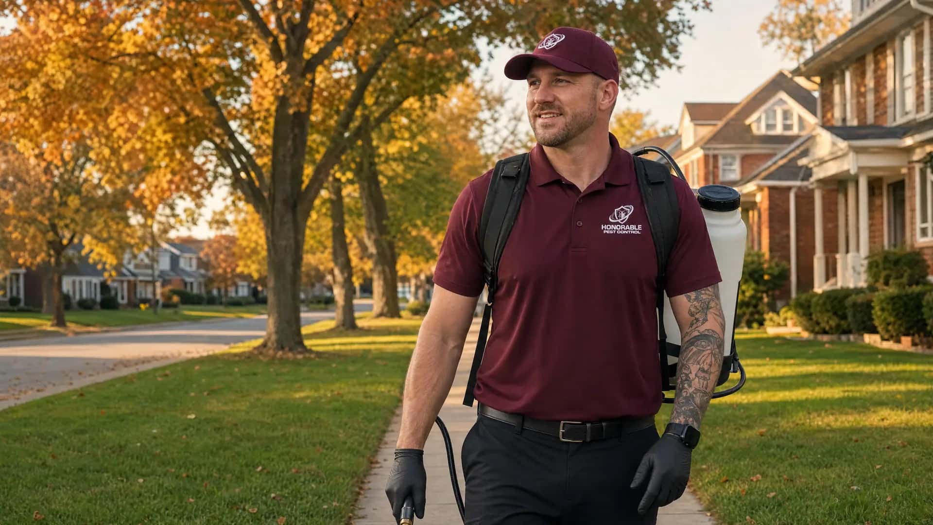 Honorable Pest Control technician walking a tree-lined Southeast Michigan street