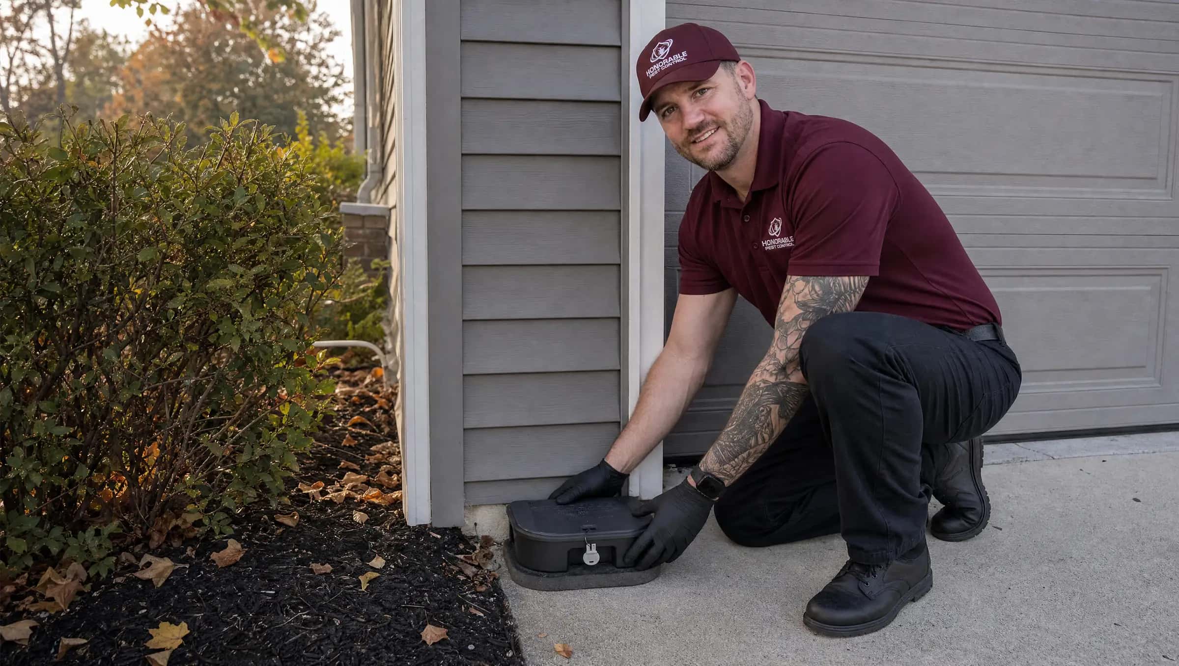 Honorable Pest Control technician checking a locked rodent bait station along a Michigan garage wall