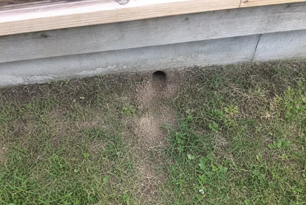 A rat burrow hole in the soil against a house foundation under a deck