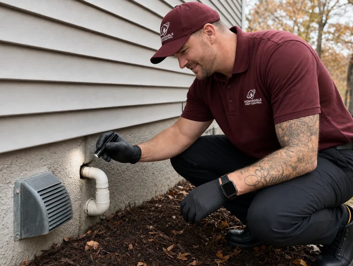 Honorable Pest Control technician using a flashlight to inspect a small gap around a pipe in a house foundation where mice and rats get in