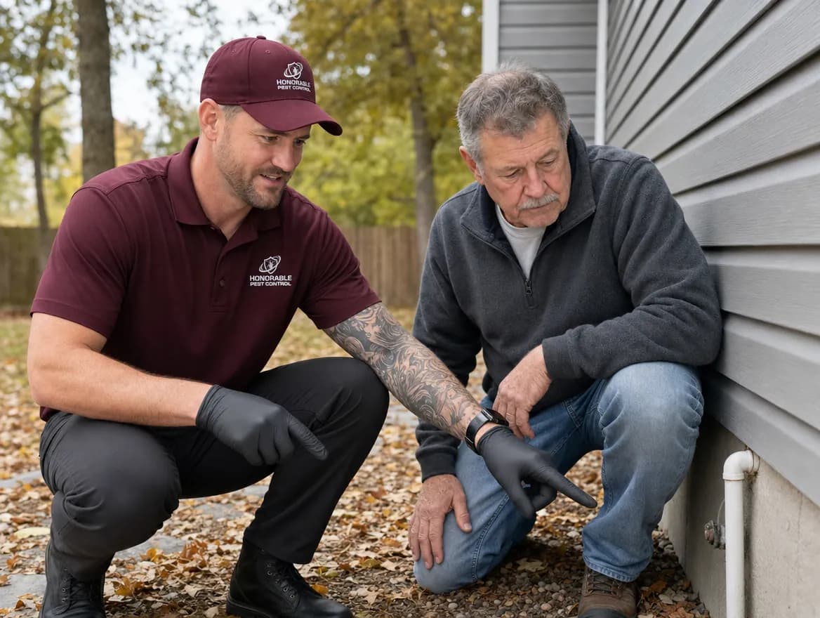 Honorable Pest Control technician showing a homeowner a small gap around a pipe at the foundation that needs sealing