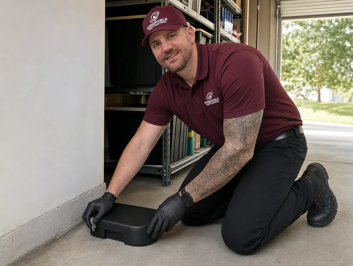 Honorable Pest Control technician locking a tamper-resistant bait station along a garage wall where rodents travel