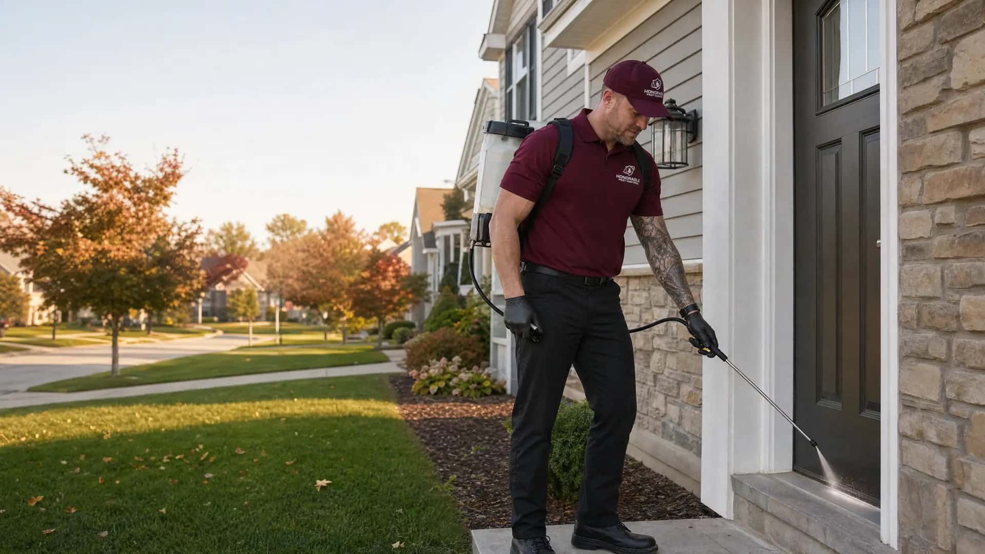 Honorable Pest Control technician treating the front door frame of a family home in Saline, MI