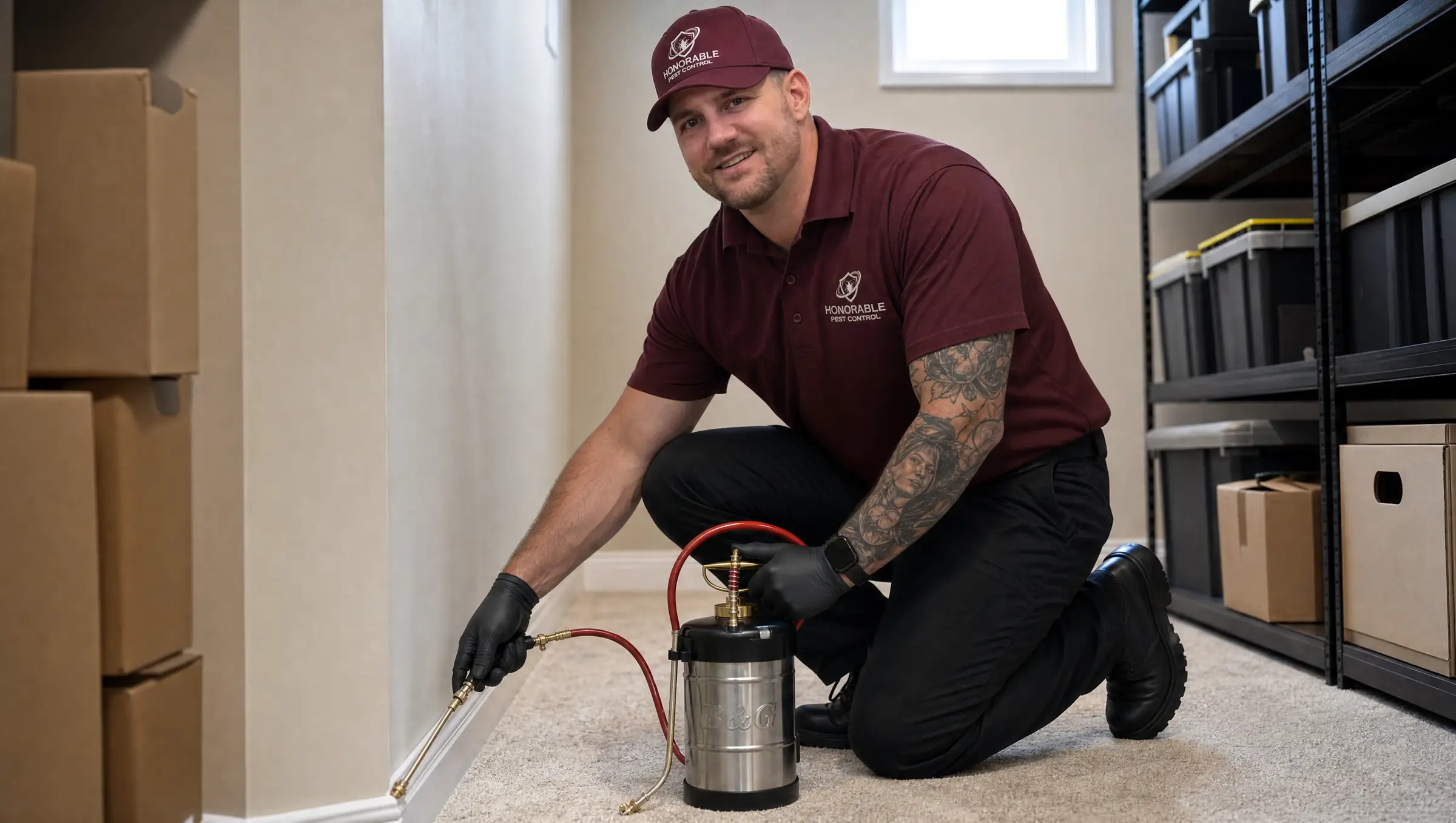 Honorable Pest Control technician treating a basement storage area in a Michigan home