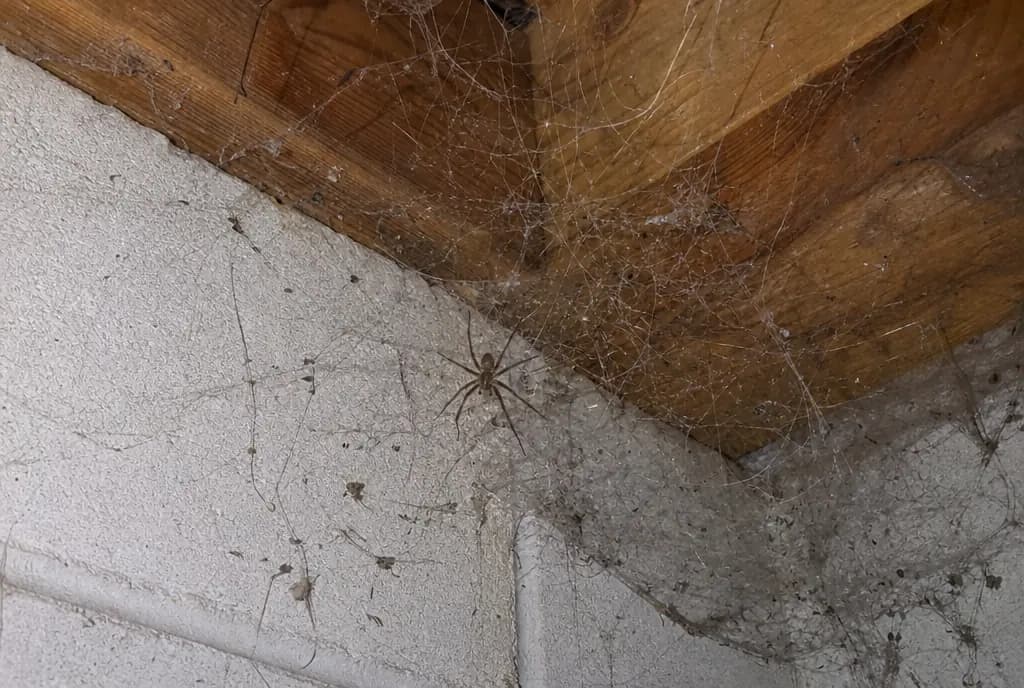 Tangled cobwebs with a small brown cobweb spider in the corner of a Michigan basement