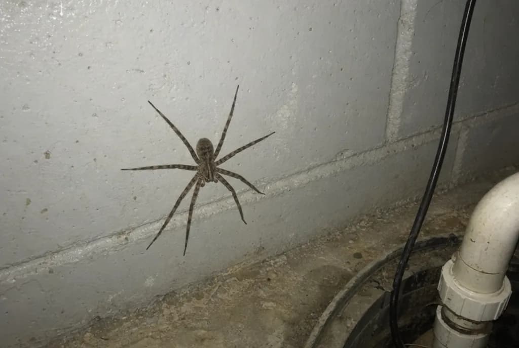 A large dark fishing spider on a basement wall