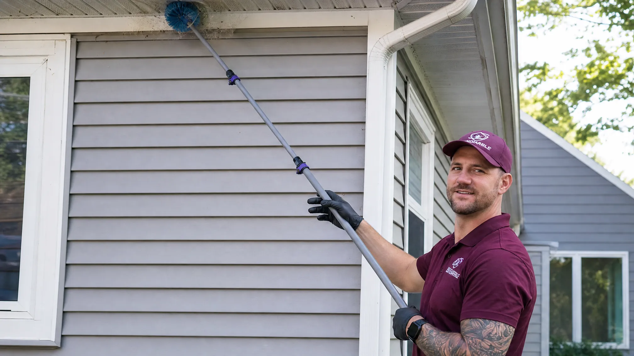 Honorable Pest Control technician clearing spider webs from the eaves of a Michigan home