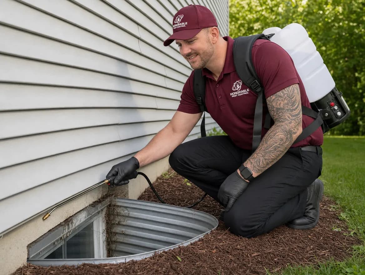 Honorable Pest Control technician with a backpack sprayer treating the foundation around a basement window well where spiders live