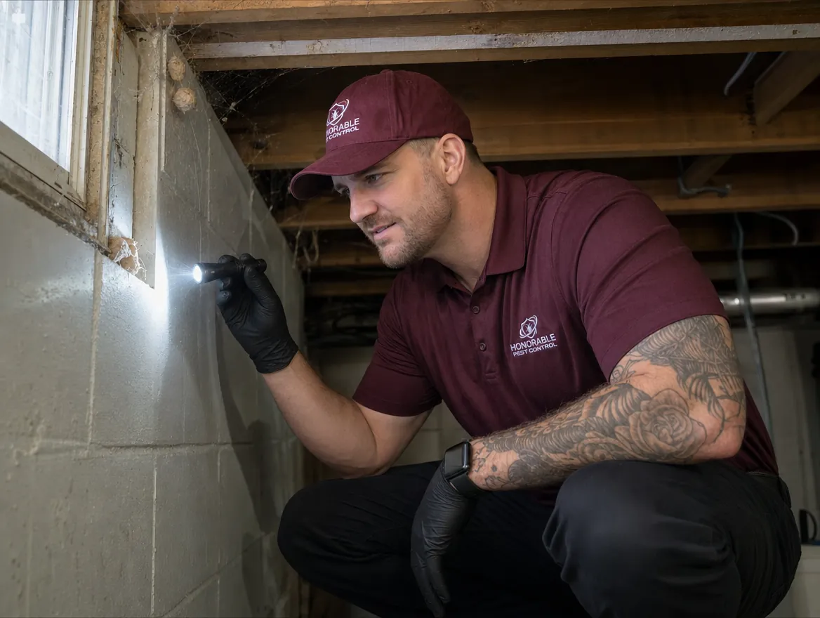 Honorable Pest Control technician using a flashlight to inspect cobwebs and egg sacs in a Michigan basement corner by a window