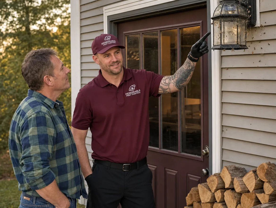 Honorable Pest Control technician showing a homeowner the webs around an outdoor light and the firewood stacked against the house, two things that draw spiders