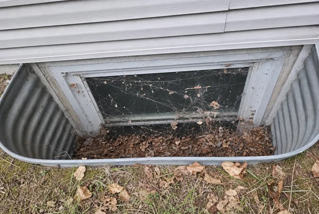 Basement window well with spider webs, dry leaves and dead insects