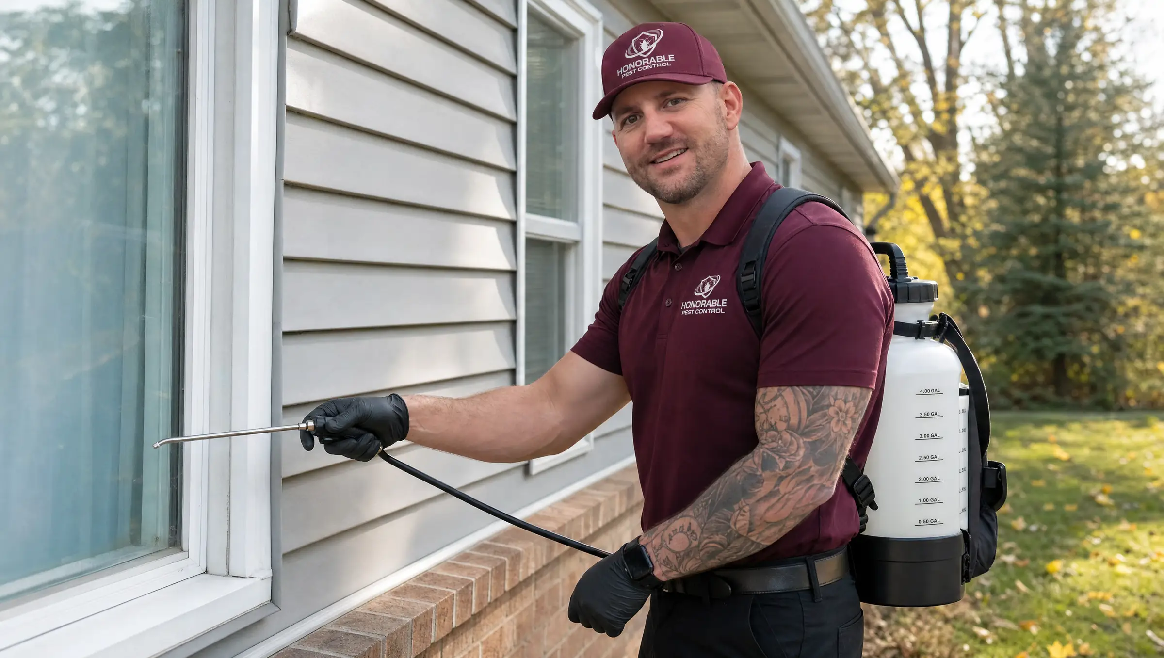Honorable Pest Control technician in a burgundy uniform and black gloves treating the window trim on the sunny south wall of a Michigan home in early fall