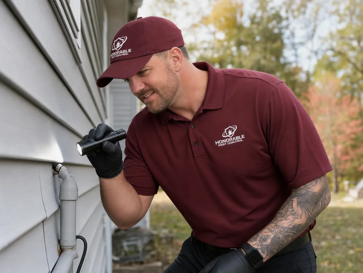 Honorable Pest Control technician using a flashlight to check the gap around a utility pipe where it goes through the siding