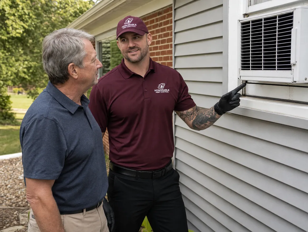 Honorable Pest Control technician showing a homeowner the gap around a window air conditioner where stink bugs get in