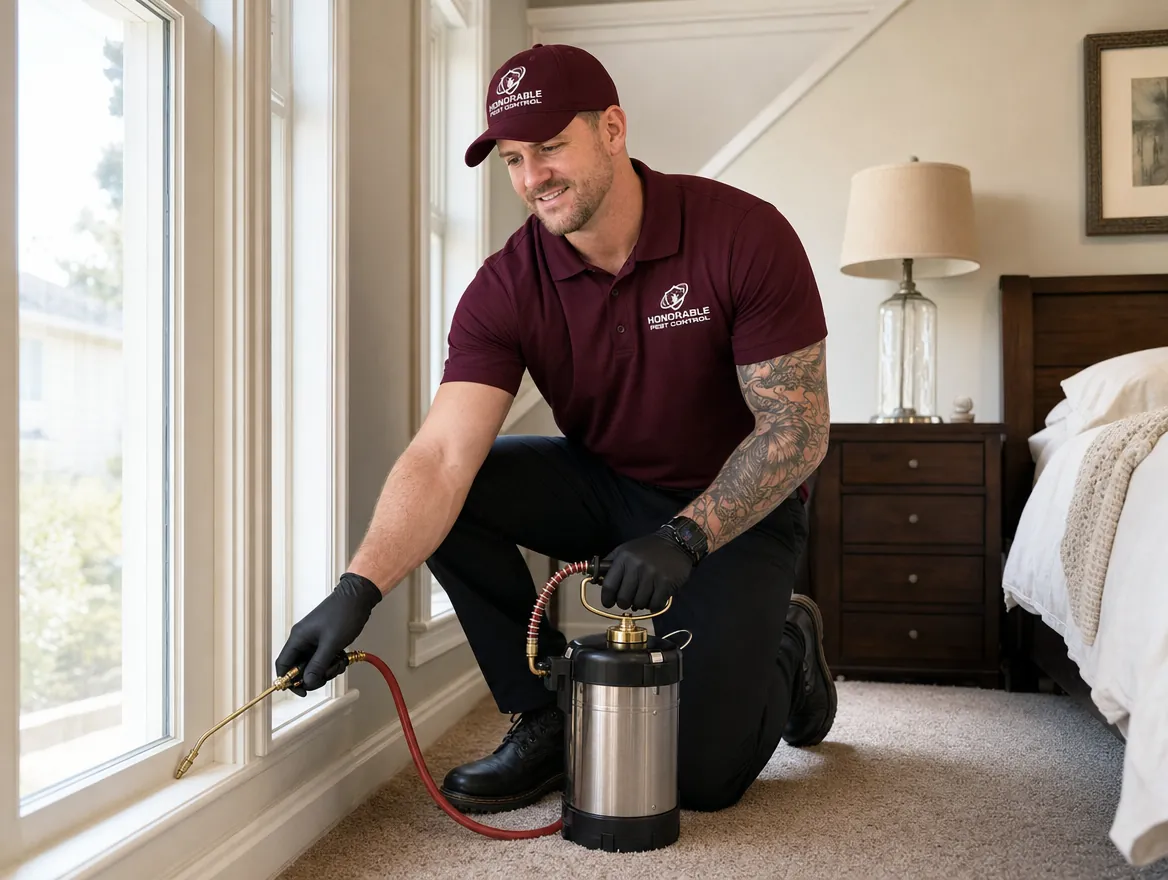 Honorable Pest Control technician with a stainless handheld sprayer treating along the edge of the window trim inside a bedroom