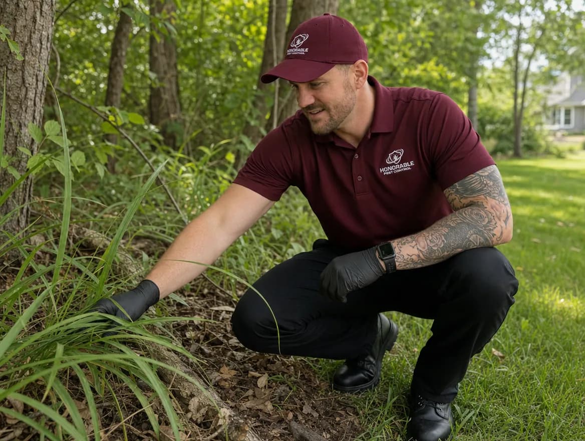 Honorable Pest Control technician crouching at the edge of a backyard lawn, parting the long grass to check the leaf litter where ticks wait