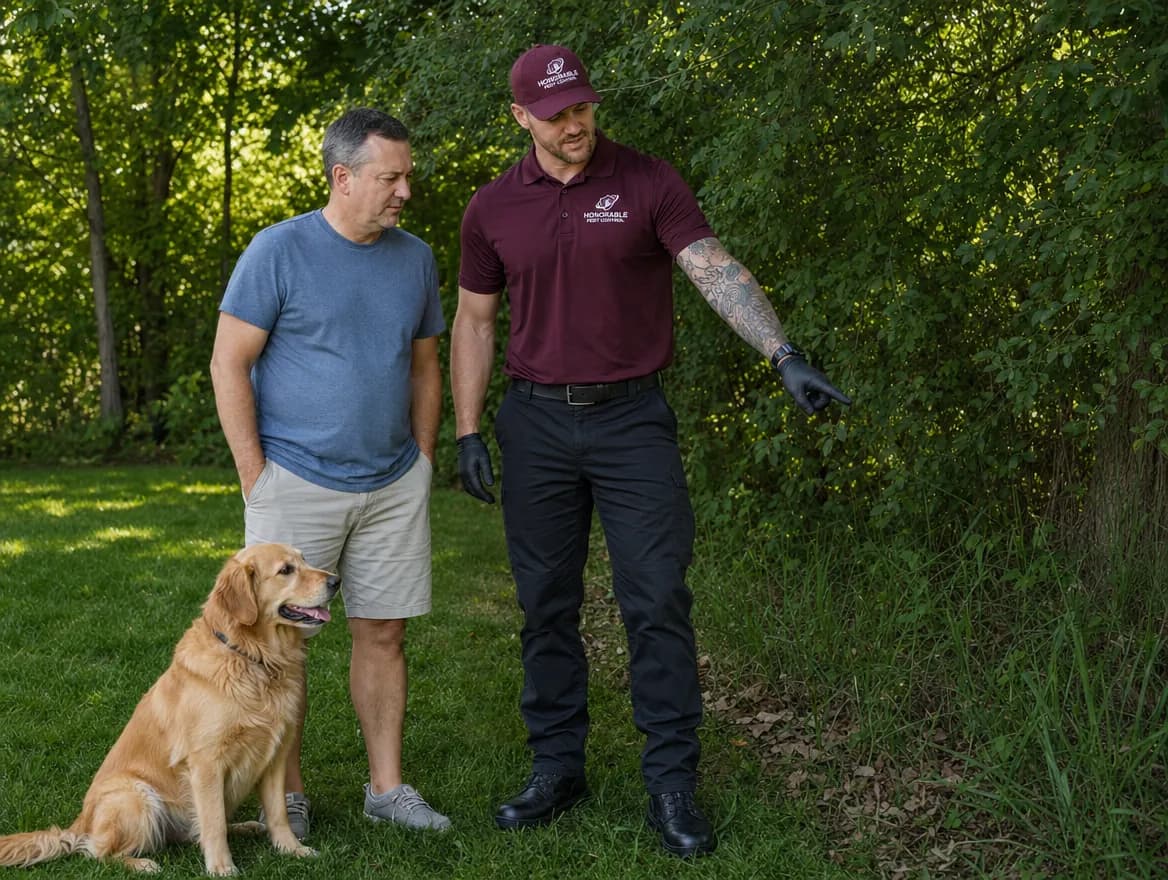 Honorable Pest Control technician showing a homeowner and his dog the leaf litter and long grass at the wooded edge of the yard