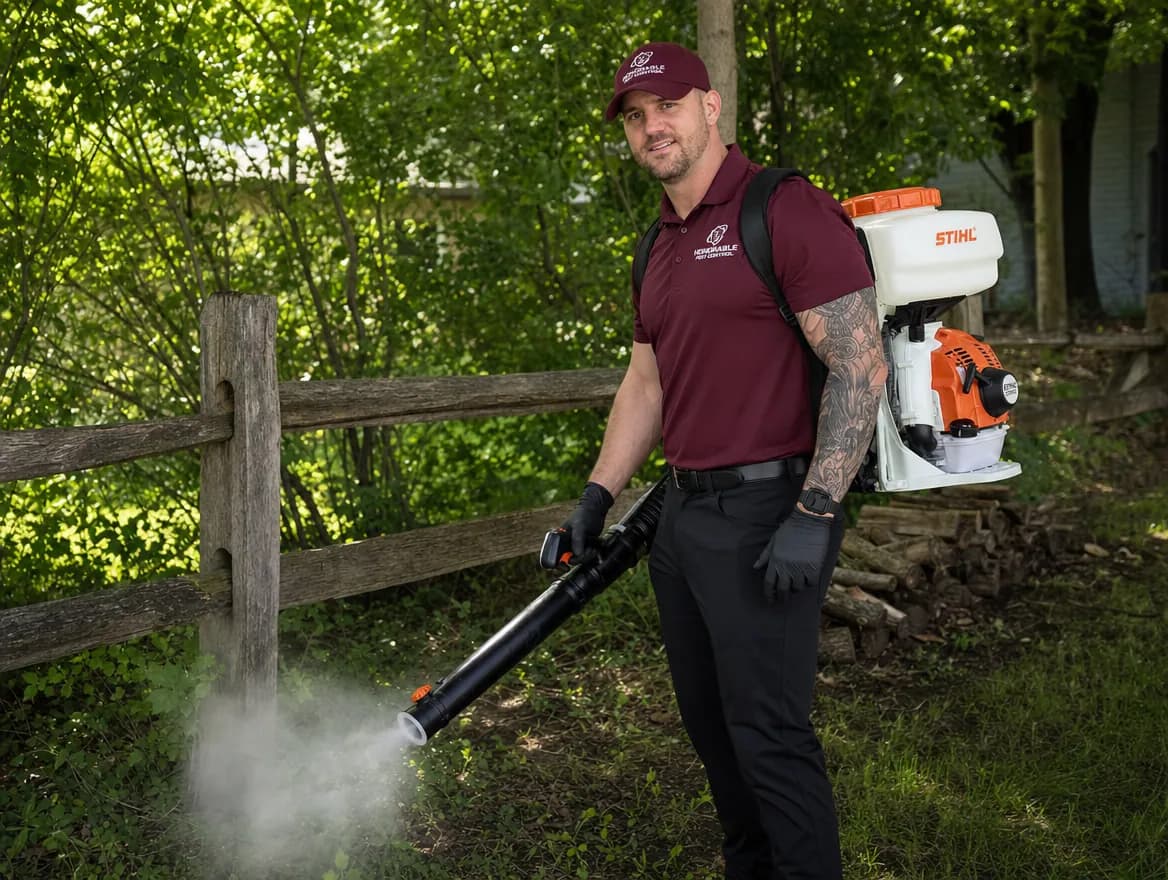 Honorable Pest Control technician with a backpack mist blower treating the brush and leaf litter along a backyard fence line