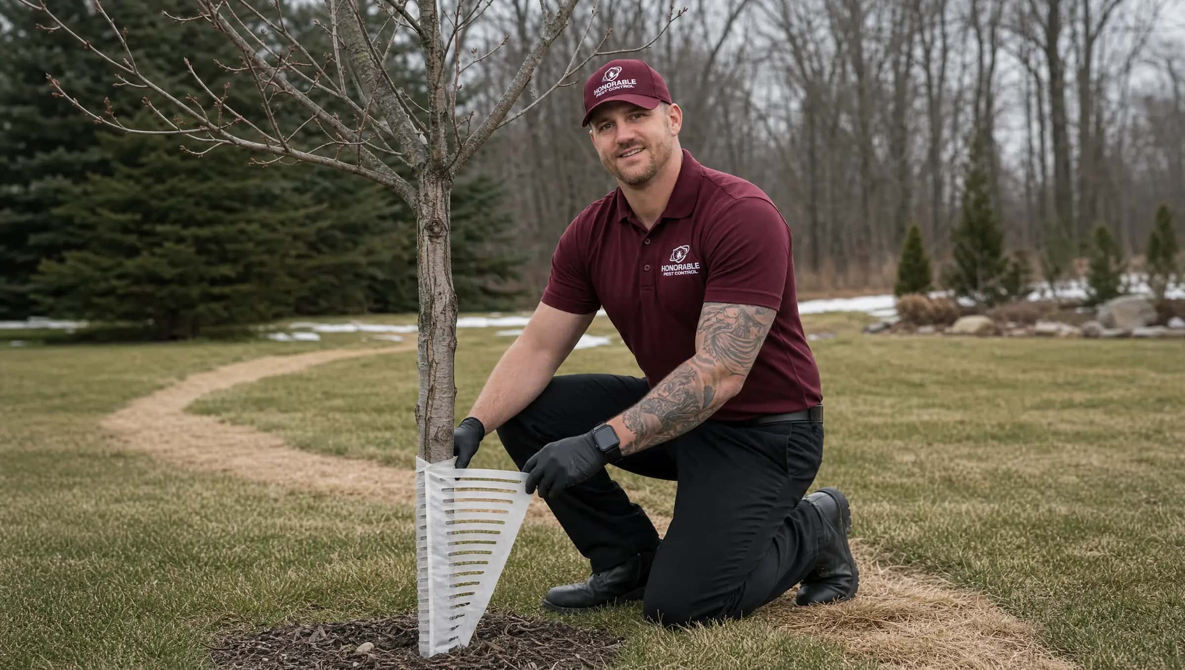 Honorable Pest Control technician fitting a guard around a young tree beside vole runways in a Michigan lawn