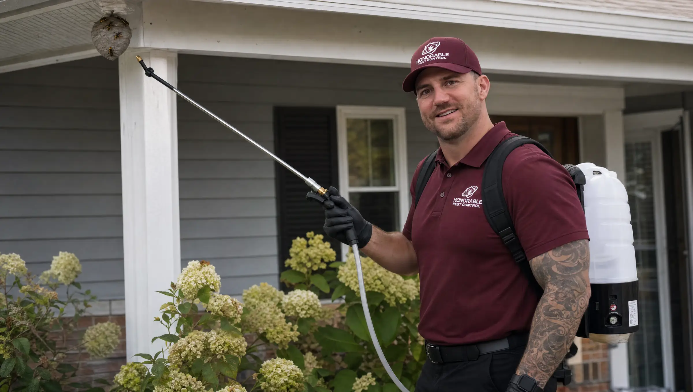 Honorable Pest Control technician in a burgundy uniform and black gloves treating a wasp nest under the porch eave of a Michigan home with a backpack sprayer