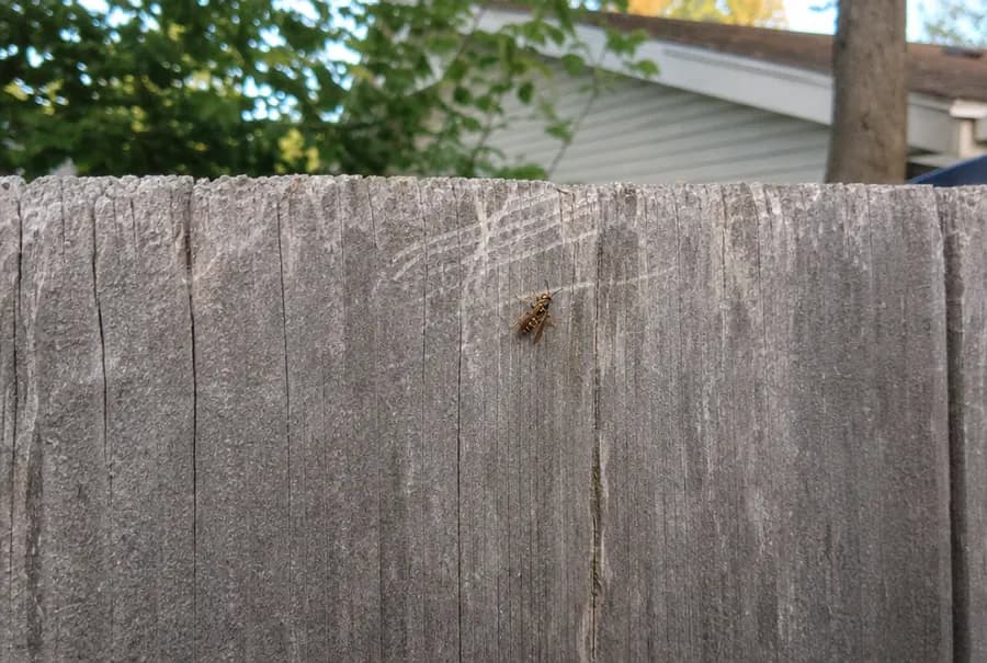 A single paper wasp on a weathered wooden fence board with pale chew marks where it scraped wood for its nest