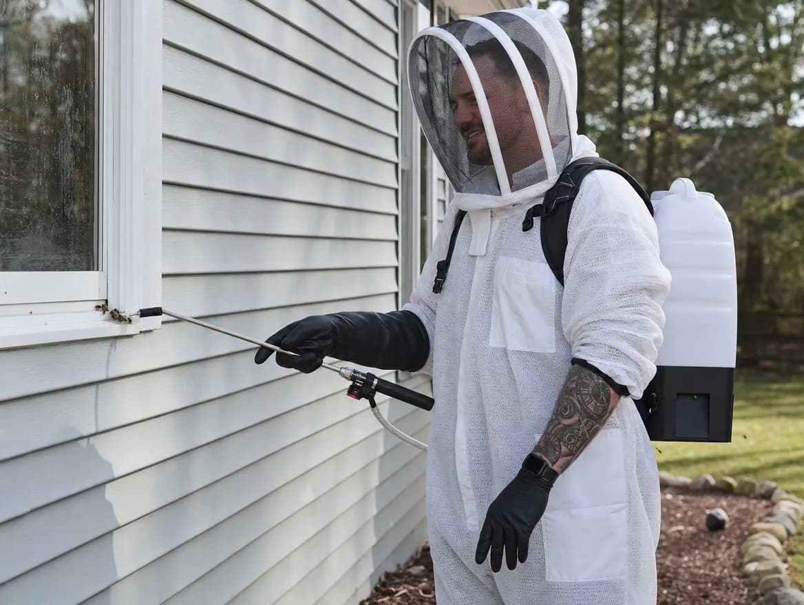 Honorable Pest Control technician in a bee suit treating a yellow jacket nest through its entrance in the siding