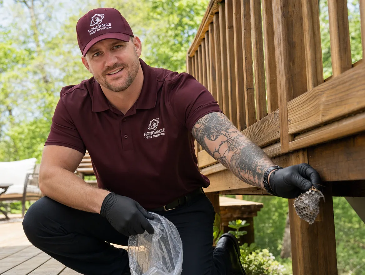 Honorable Pest Control technician taking down a dead paper wasp nest from a deck rail after treatment