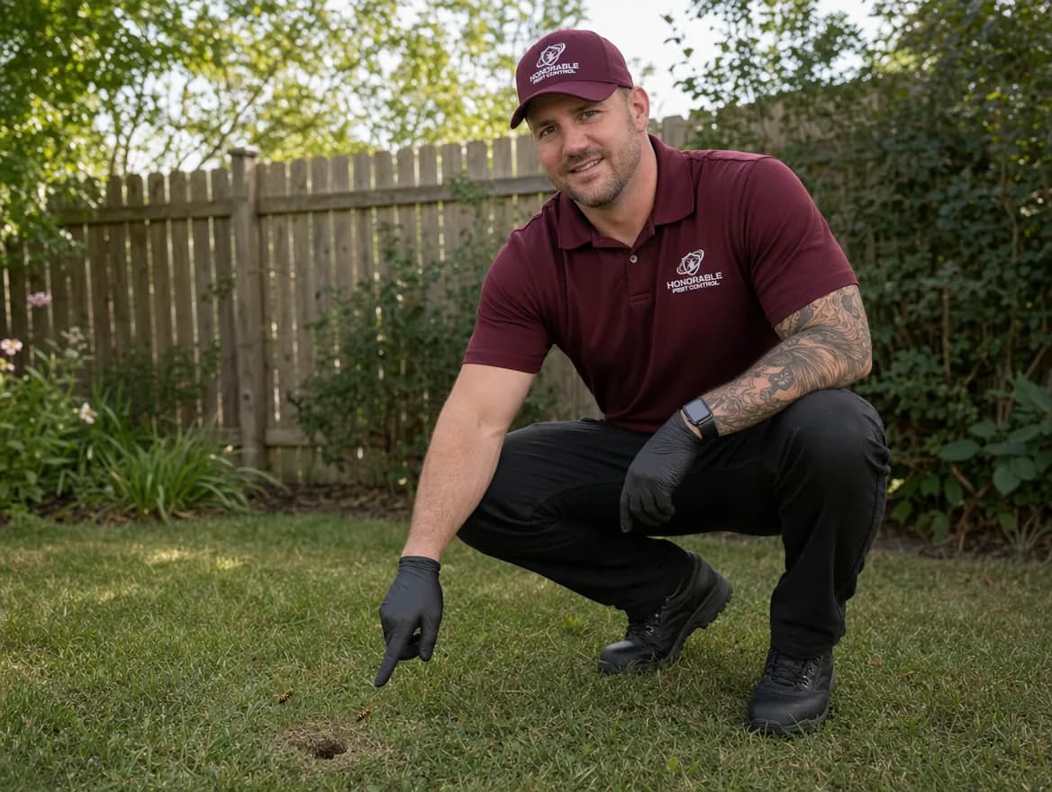 Honorable Pest Control technician pointing out the entrance of a yellow jacket ground nest in a backyard lawn