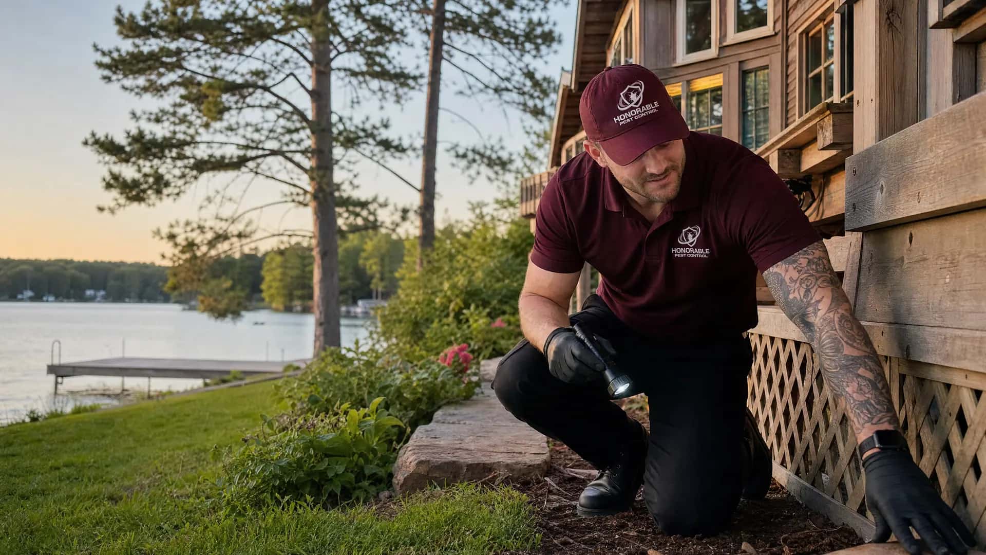 Honorable Pest Control technician checking under the deck of a lake house in Whitmore Lake, MI
